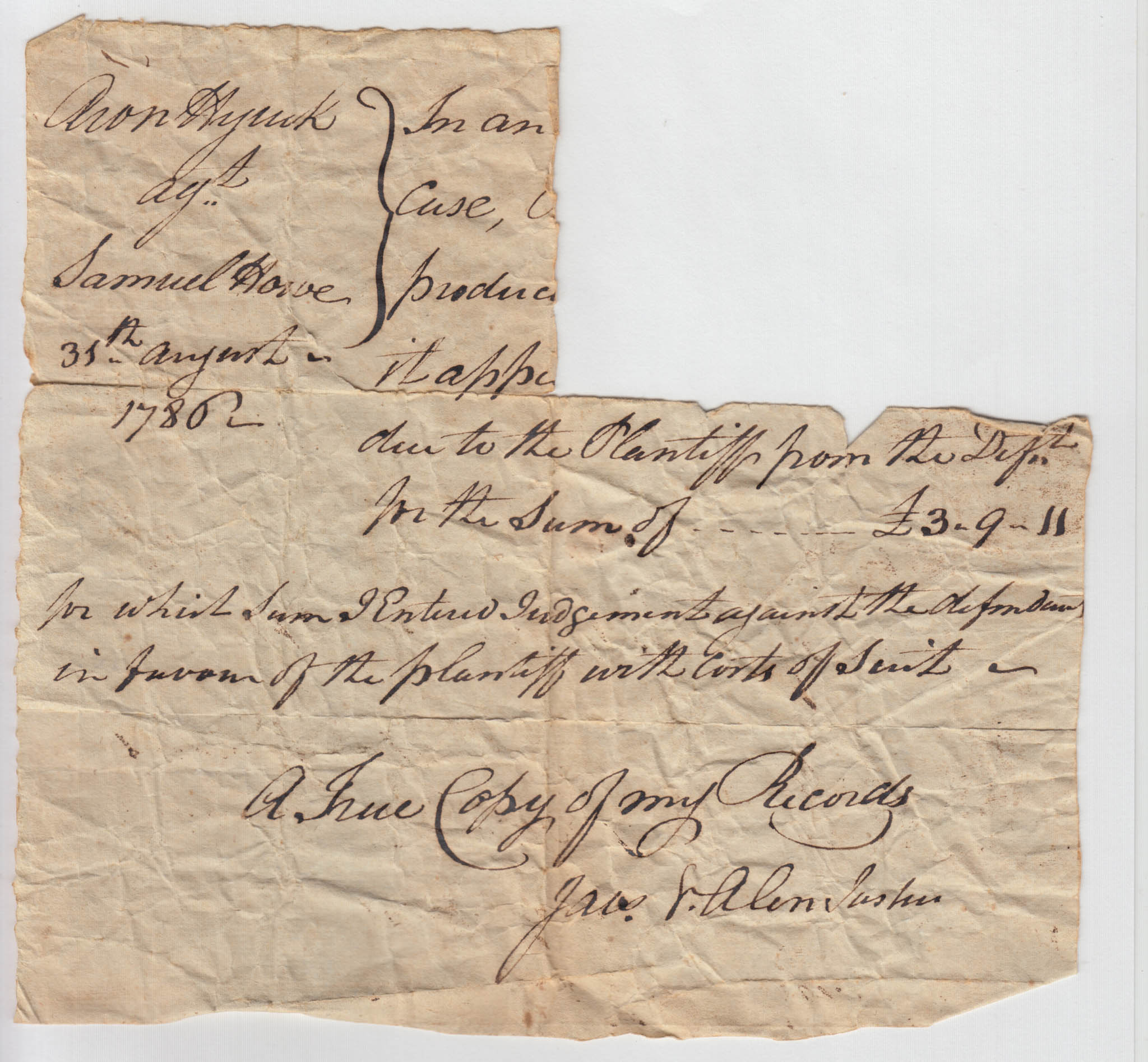 BH107, 1786-08-31 Judgement, Aron Huyck against Samuel Howe for a Small Sum